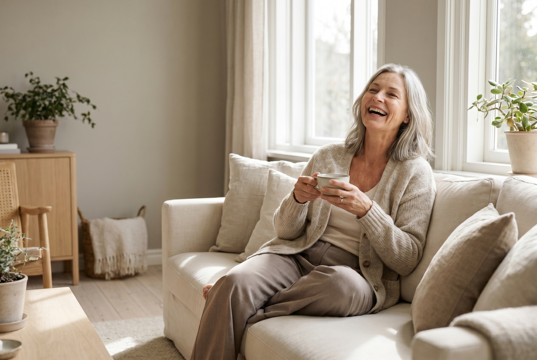 A woman dressed in comfortable, flattering everyday style in warm natural light