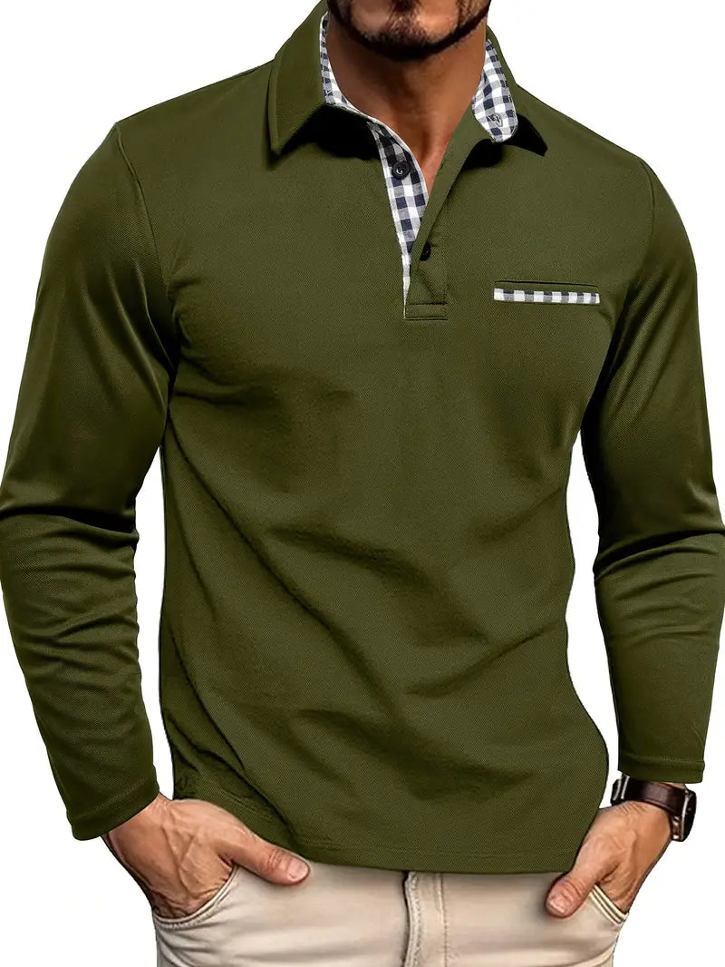 Men's Long-Sleeved Polo Shirt with Checkered Collar and Pocket - J&B; - 3 - Elvaroza.com