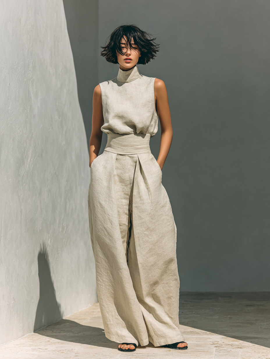 Wide Leg Jumpsuit Women's Fluid Linen Look with Waist Definition - Image 8