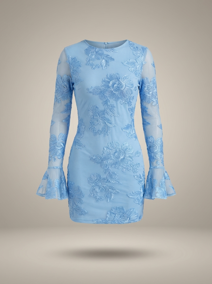 Mini Dress Women's Bell Sleeve Floral Embroidery - Image 2