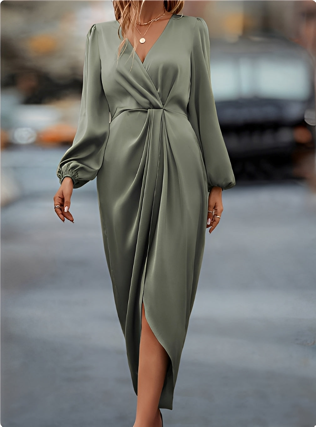 Annemarie – Waist-tight Split V-neck Dress - Image 1