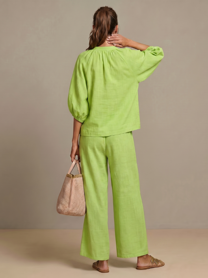 Two-piece set for women in a relaxed fit with puff sleeves and pants - J&B; - 10 - Elvaroza.com