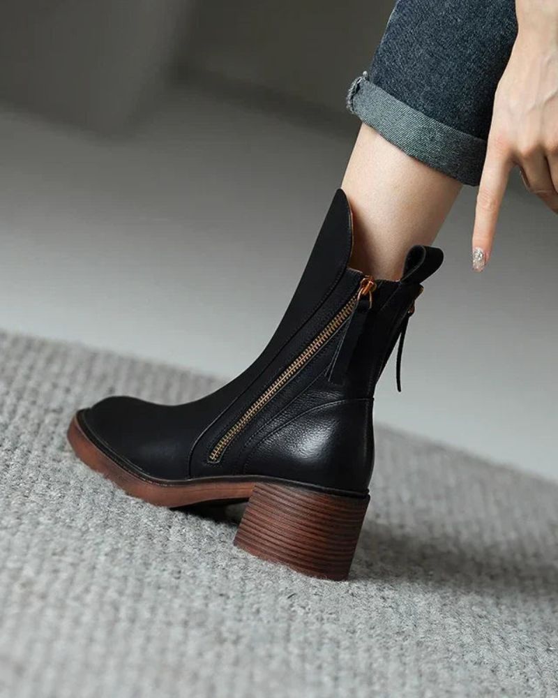 Ankle Boots Women's Smooth Finish with Block Heel and Zipper - Image 2