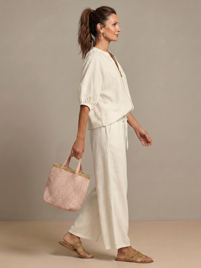 Two-piece set for women in a relaxed fit with puff sleeves and pants - J&B; - 14 - Elvaroza.com