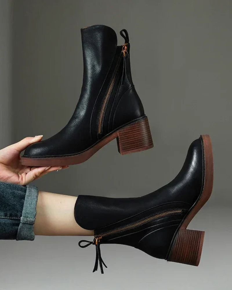 Ankle Boots Women's Smooth Finish with Block Heel and Zipper - Image 3