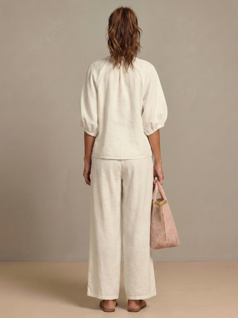 Two-piece set for women in a relaxed fit with puff sleeves and pants - J&B; - 16 - Elvaroza.com