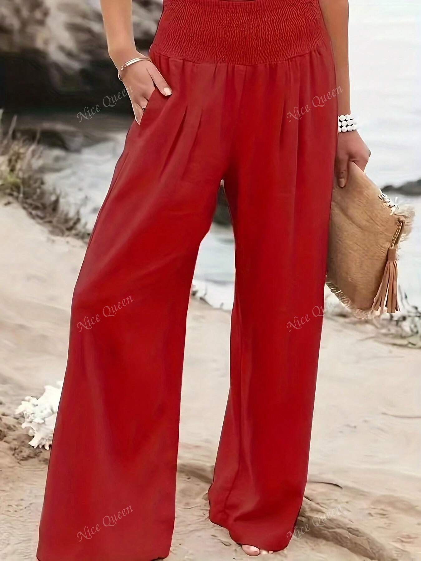 Wide Leg Pants Women's Smocked Waist with Pockets - Image 5