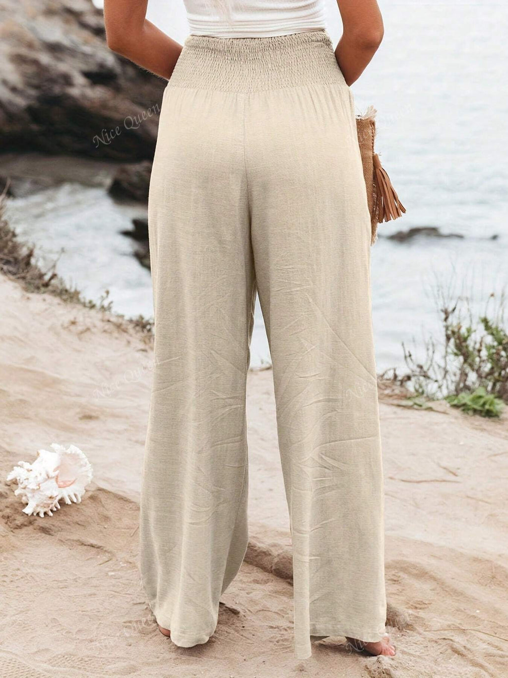 Wide Leg Pants Women's Smocked Waist with Pockets - Image 2
