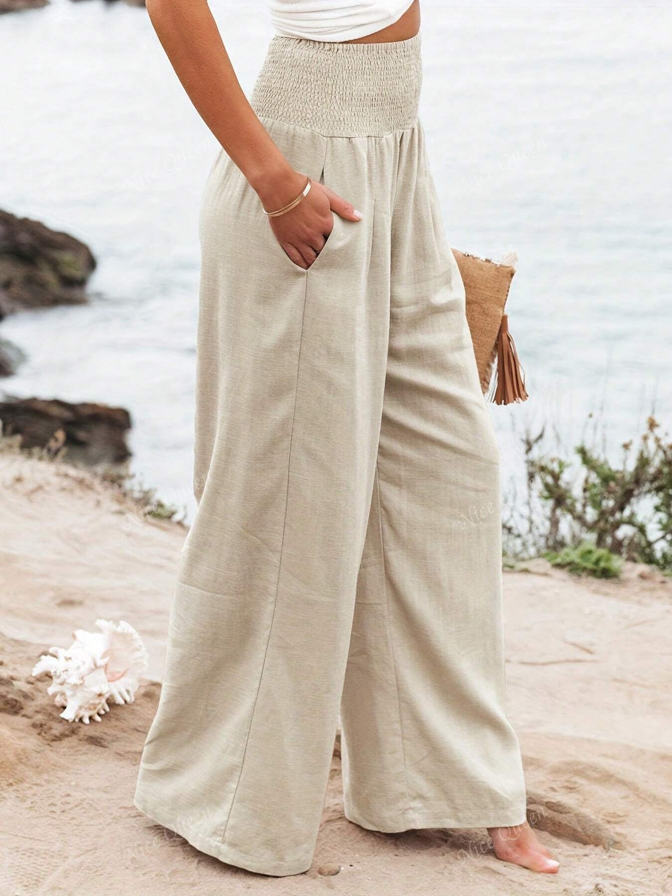 Wide Leg Pants Women's Smocked Waist with Pockets - Image 3