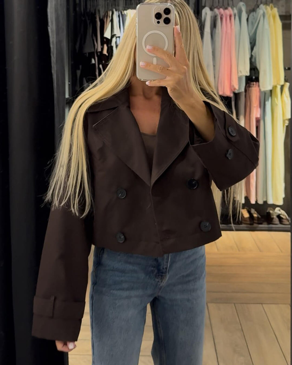 Short women's jacket with a double-breasted design and belt - J&B; - 9 - Elvaroza.com