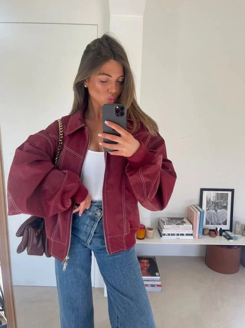 Women's Bomber Jacket, Oversized Fit with Zipper - J&B; - 8 - Elvaroza.com