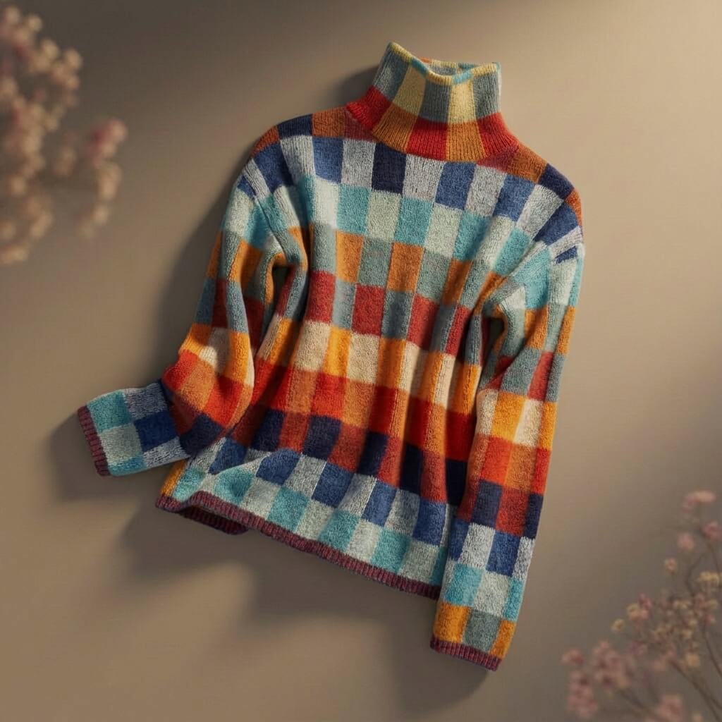Women's Checkered Sweater, Comfortable Fit with a Turtleneck - J&B; - 1 - Elvaroza.com
