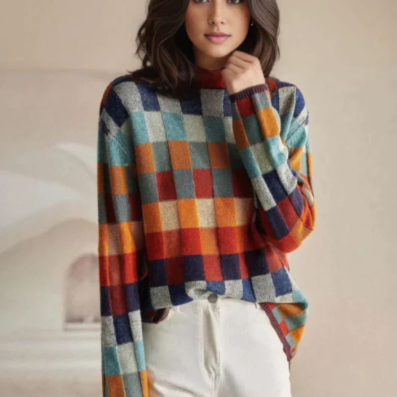 Women's Checkered Sweater, Comfortable Fit with a Turtleneck - J&B; - 2 - Elvaroza.com