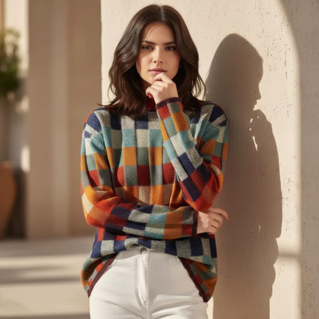 Women's Checkered Sweater, Comfortable Fit with a Turtleneck - J&B; - 3 - Elvaroza.com