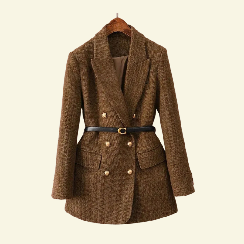 Women's Double-Breasted Tweed Blazer with a Belt at the Waist - J&B; - 1 - Elvaroza.com