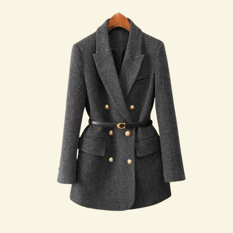 Women's Double-Breasted Tweed Blazer with a Belt at the Waist - J&B; - 2 - Elvaroza.com