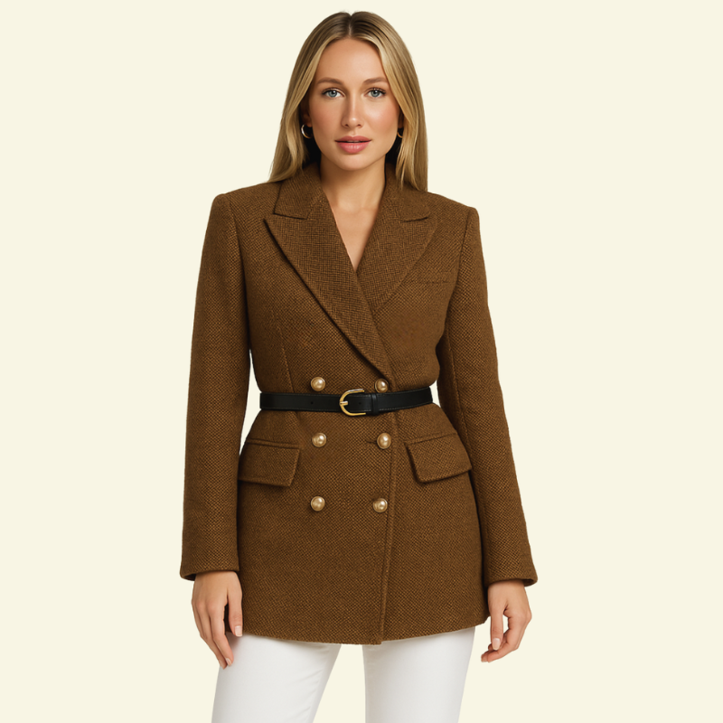 Women's Double-Breasted Tweed Blazer with a Belt at the Waist - J&B; - 3 - Elvaroza.com