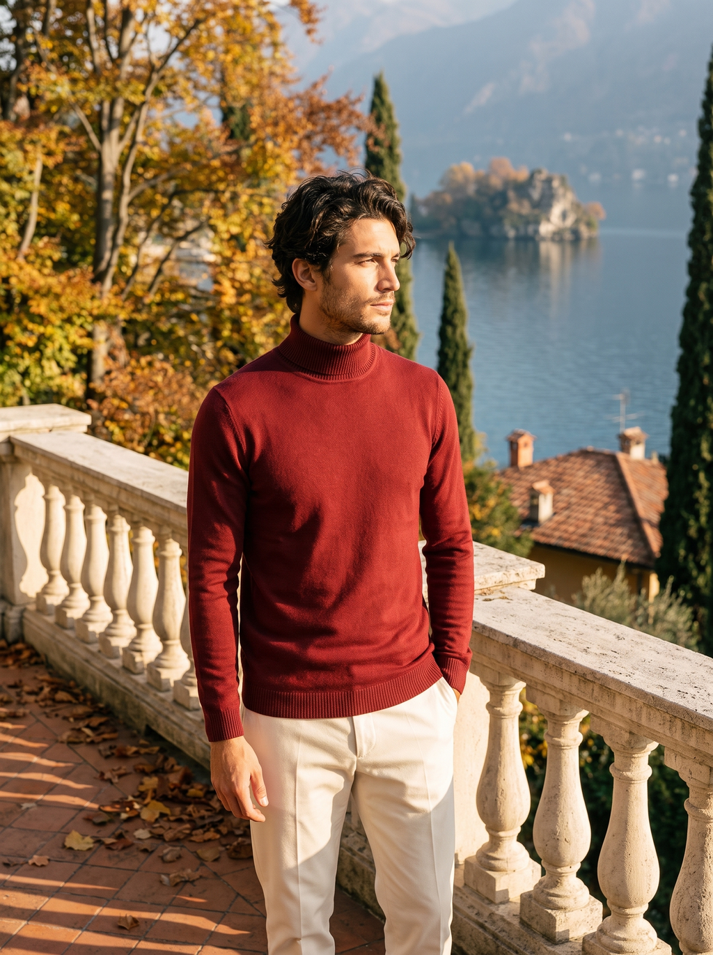 Men's turtleneck sweater in rich burgundy with a classic fit - J&B; - 2 - Elvaroza.com