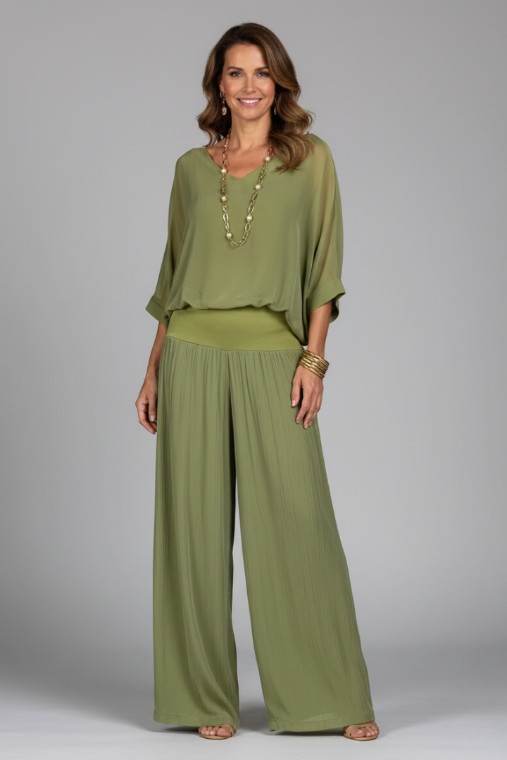 Two-piece set for women with a V-neck and loose-fitting pants - J&B; - 1 - Elvaroza.com
