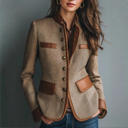Women's Tweed Jacket – Fitted Cut with Faux Leather Accents - J&B; - 1 - Elvaroza.com