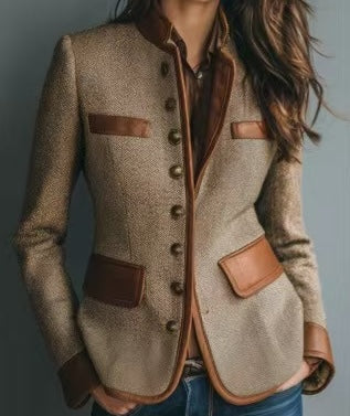 Women's Tweed Jacket – Fitted Cut with Faux Leather Accents - J&B; - 2 - Elvaroza.com