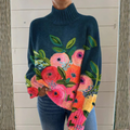 Women's loose-fitting sweater with a turtleneck and floral pattern - J&B; - 1 - Elvaroza.com