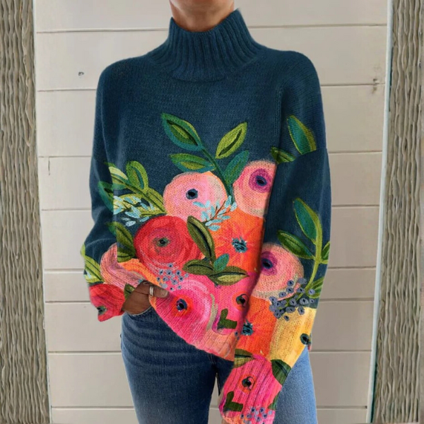 Women's loose-fitting sweater with a turtleneck and floral pattern - J&B; - 1 - Elvaroza.com