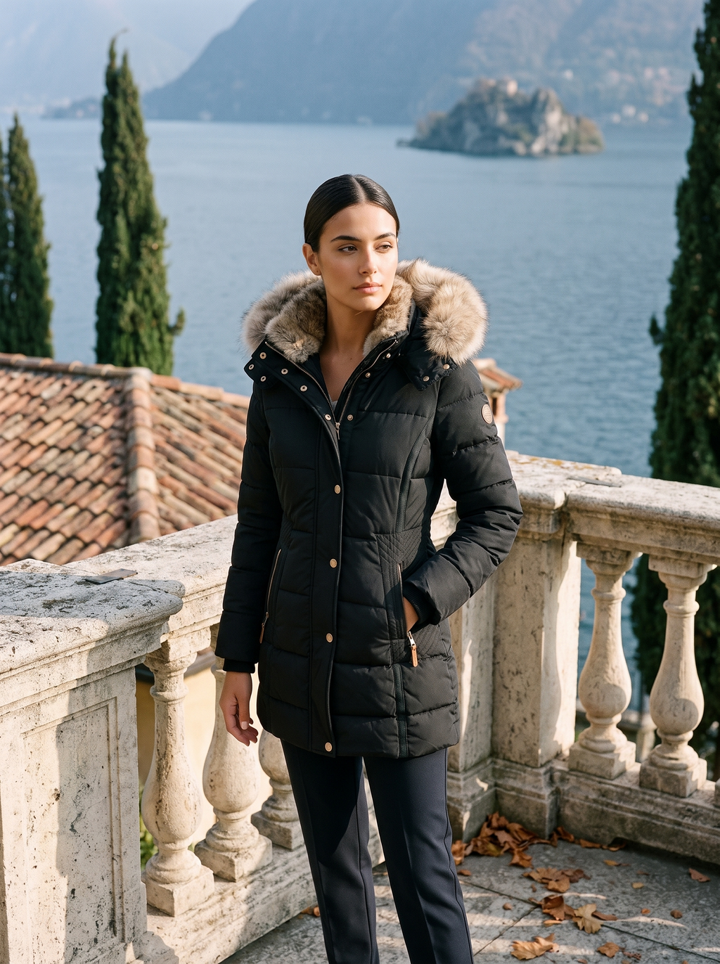 Women's Quilted Jacket with Detachable Fur Hood and Fitted Silhouette - J&B; - 2 - Elvaroza.com
