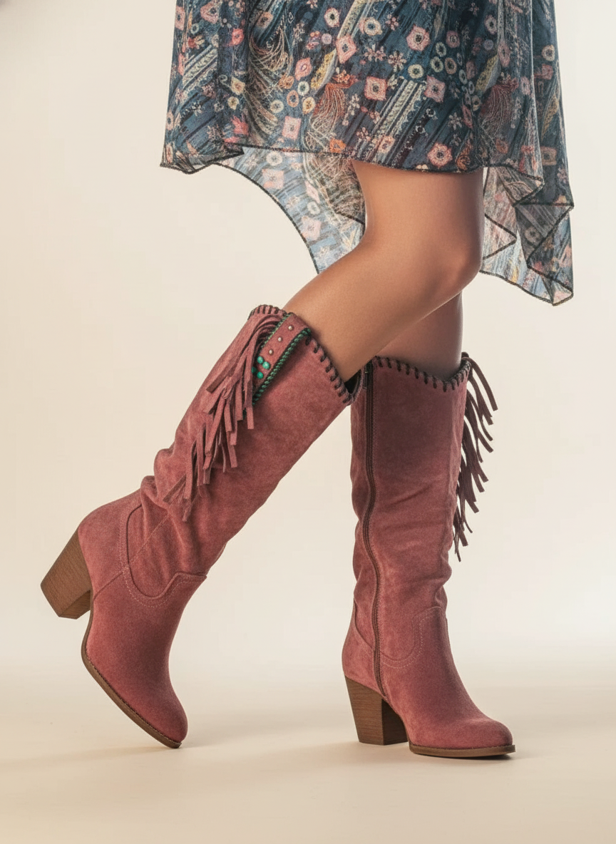 Women's Calf-High Boots with Block Heels and Fringe Accents - J&B; - 1 - Elvaroza.com