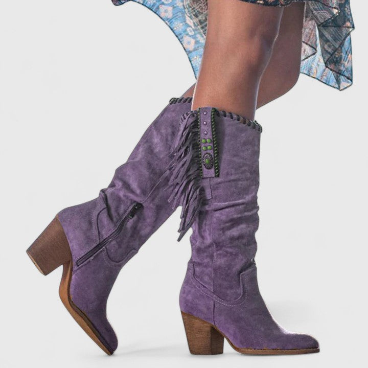 Women's Calf-High Boots with Block Heels and Fringe Accents - J&B; - 2 - Elvaroza.com