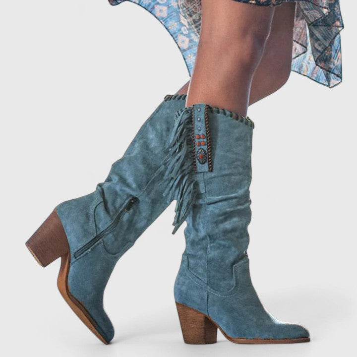Women's Calf-High Boots with Block Heels and Fringe Accents - J&B; - 3 - Elvaroza.com