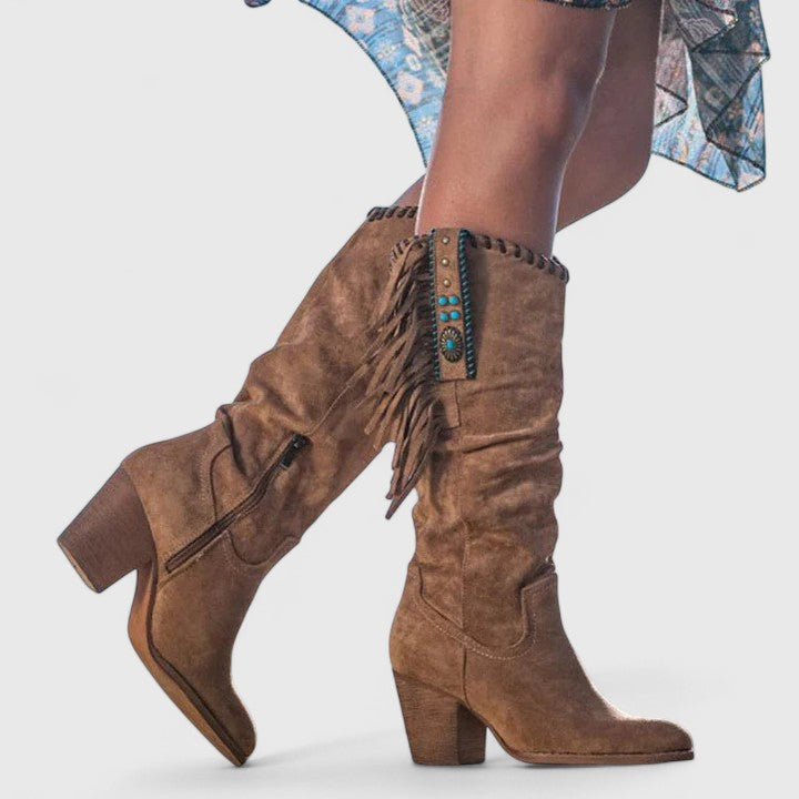 Women's Calf-High Boots with Block Heels and Fringe Accents - J&B; - 4 - Elvaroza.com