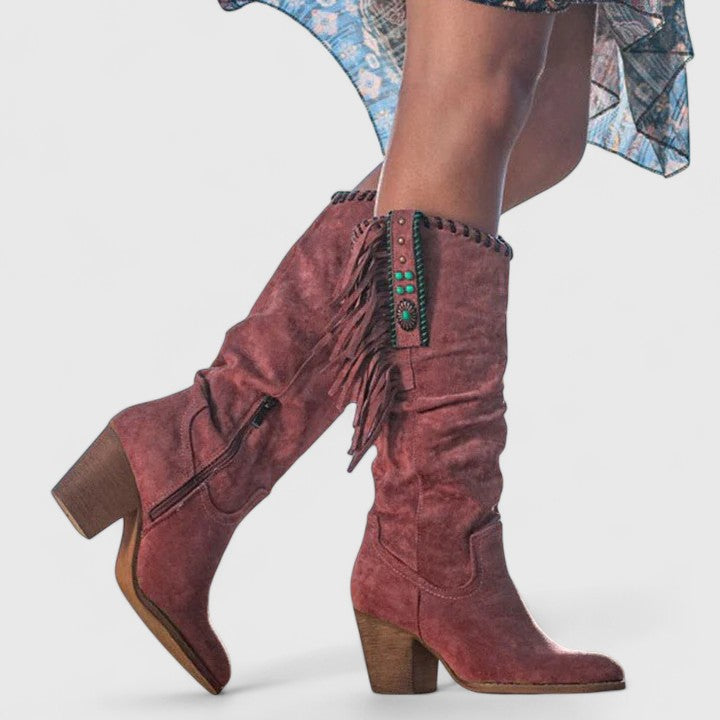 Women's Calf-High Boots with Block Heels and Fringe Accents - J&B; - 5 - Elvaroza.com