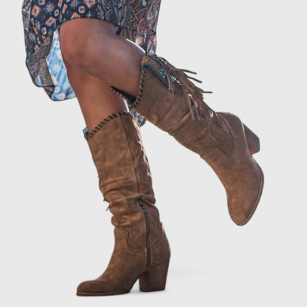 Women's Calf-High Boots with Block Heels and Fringe Accents - J&B; - 6 - Elvaroza.com