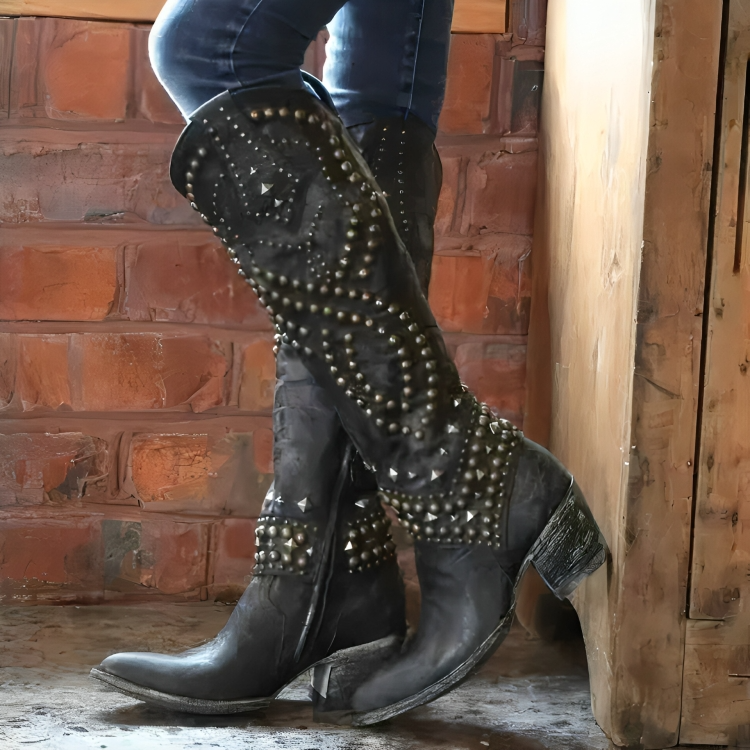 Knee-high women's boots with a pointed toe and a medium-height block heel - J&B; - 3 - Elvaroza.com