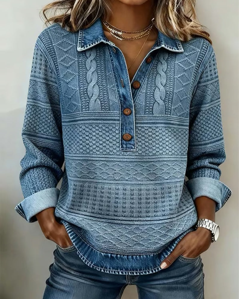 Women's denim-style sweatshirt with a half-button closure and textured design - J&B; - 1 - Elvaroza.com