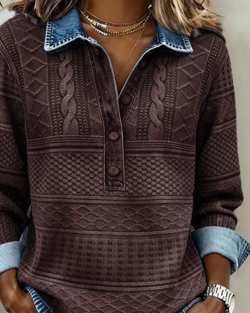 Women's denim-style sweatshirt with a half-button closure and textured design - J&B; - 4 - Elvaroza.com