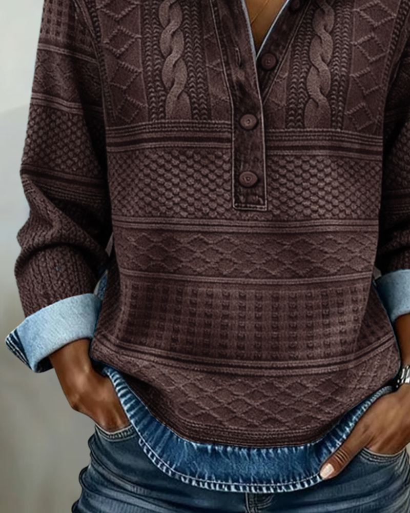 Women's denim-style sweatshirt with a half-button closure and textured design - J&B; - 5 - Elvaroza.com