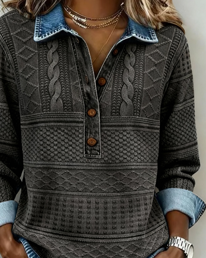 Women's denim-style sweatshirt with a half-button closure and textured design - J&B; - 6 - Elvaroza.com