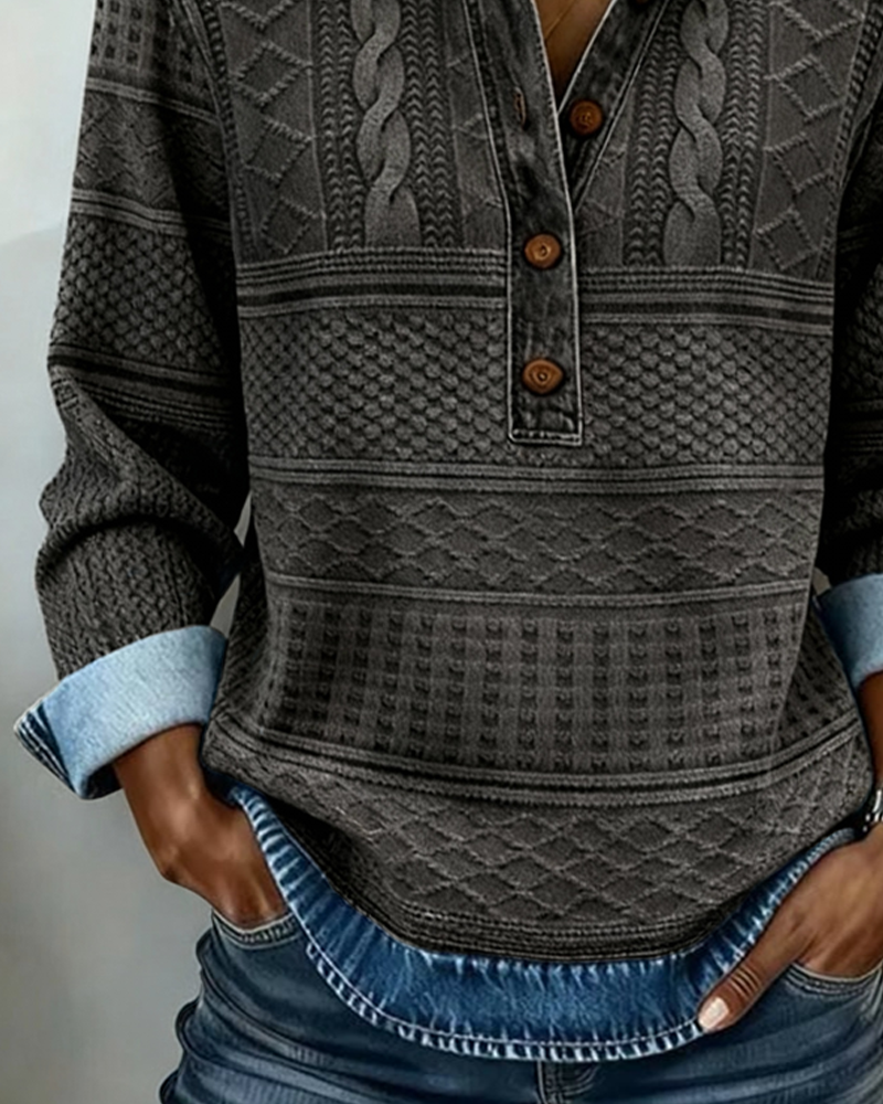 Women's denim-style sweatshirt with a half-button closure and textured design - J&B; - 7 - Elvaroza.com