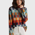 Women's sweater with a high collar, colorful checkered pattern, and comfortable fit - 1 - Elvaroza.com