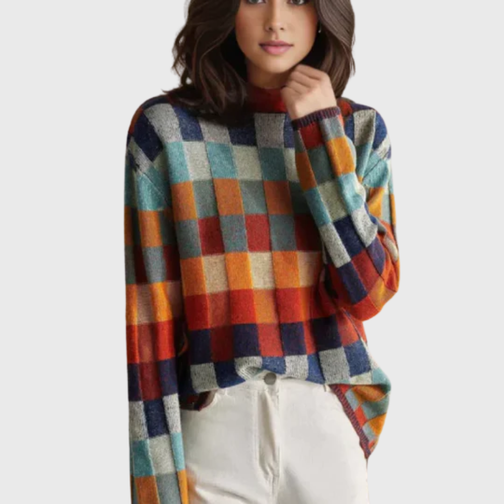 Women's sweater with a high collar, colorful checkered pattern, and comfortable fit - 1 - Elvaroza.com