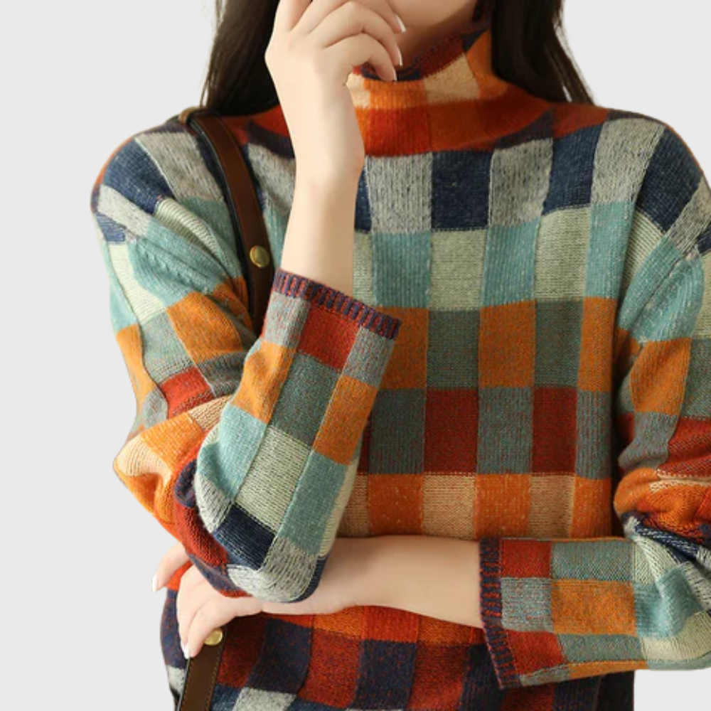 Women's sweater with a high collar, colorful checkered pattern, and comfortable fit - 2 - Elvaroza.com