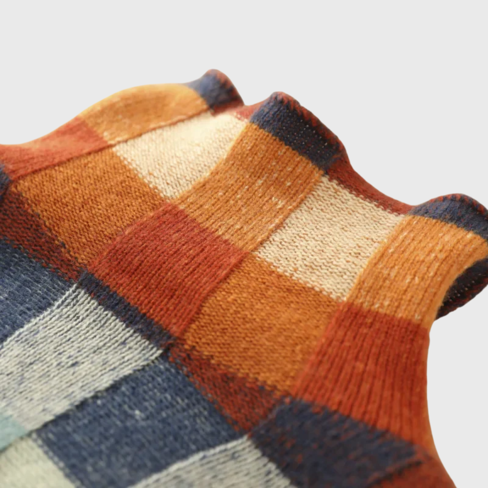 Women's sweater with a high collar, colorful checkered pattern, and comfortable fit - 3 - Elvaroza.com