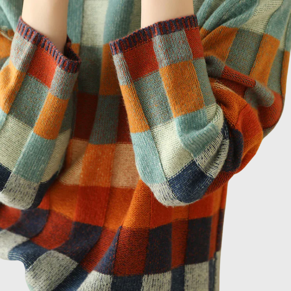 Women's sweater with a high collar, colorful checkered pattern, and comfortable fit - 4 - Elvaroza.com