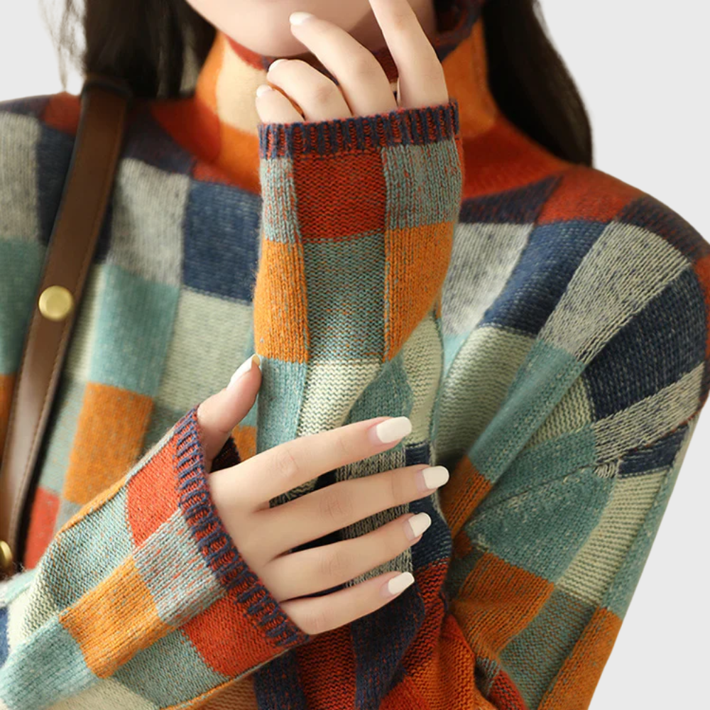 Women's sweater with a high collar, colorful checkered pattern, and comfortable fit - 5 - Elvaroza.com