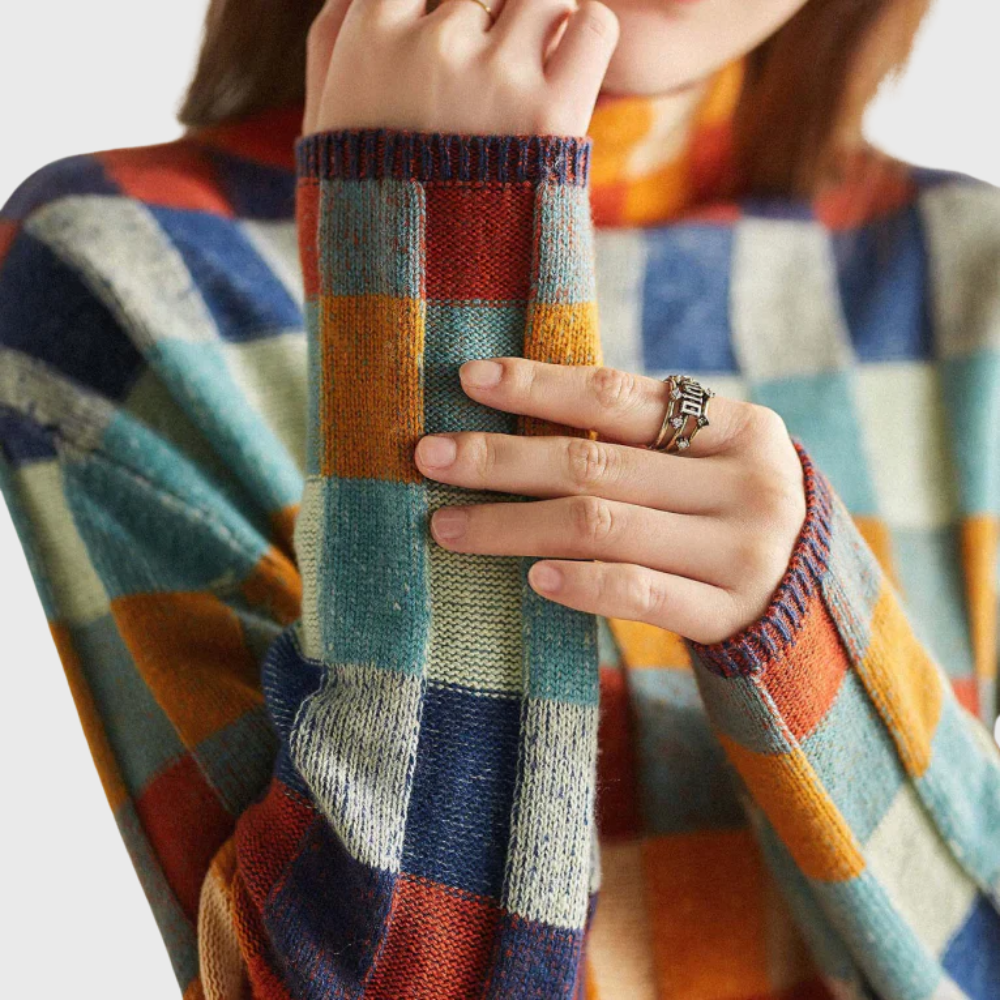 Women's sweater with a high collar, colorful checkered pattern, and comfortable fit - 6 - Elvaroza.com