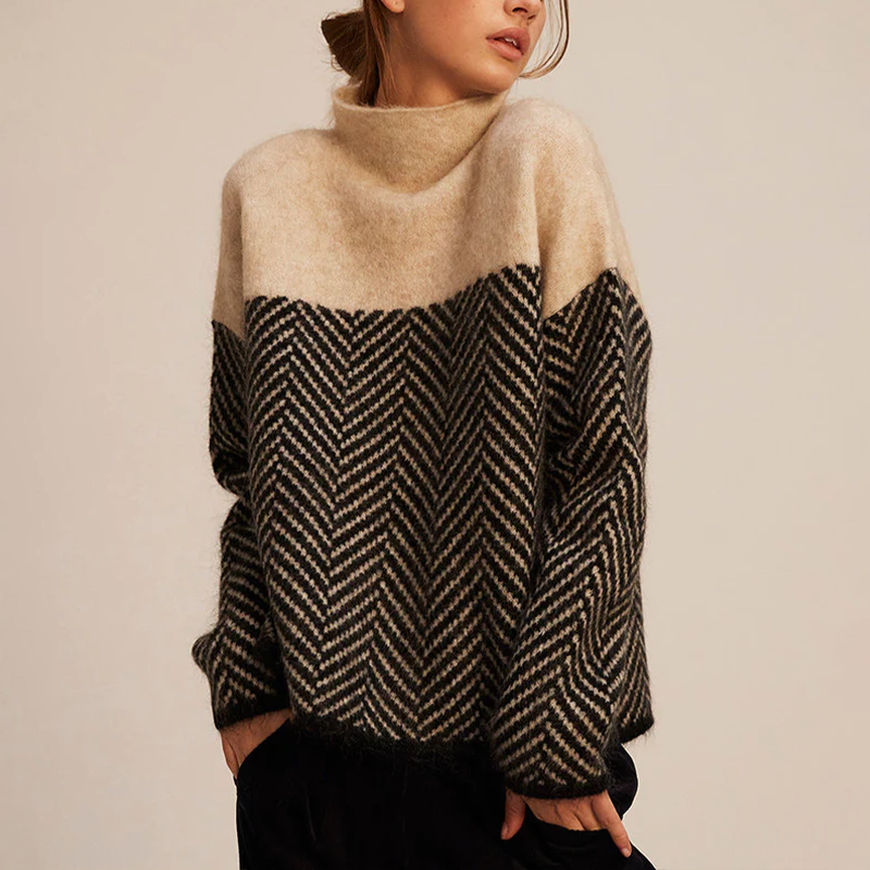 Women's Loose-Fit Sweater with Chevron Pattern and High Collar - J&B; - 1 - Elvaroza.com