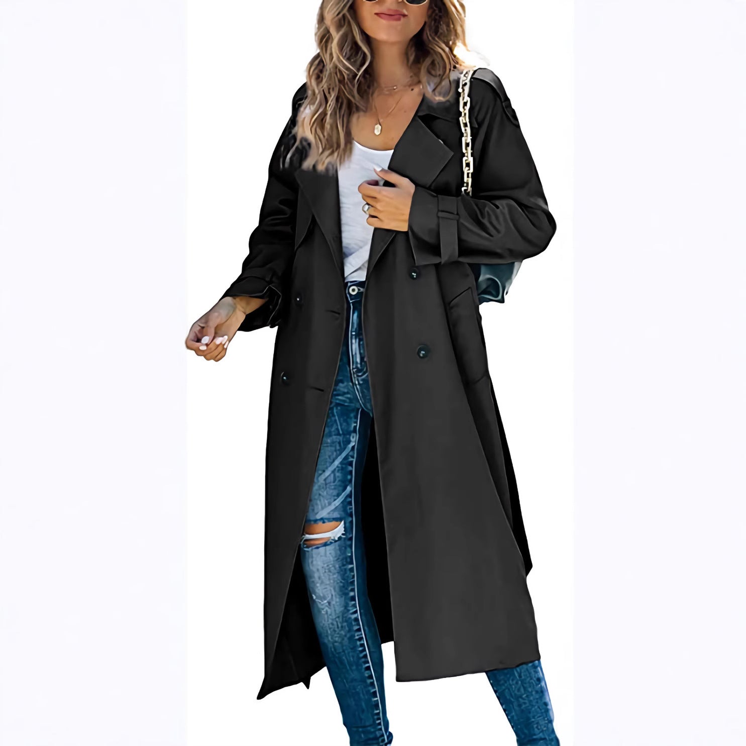 Women's Midi-Length Trench Coat with Double-Breasted Closure - J&B; - 2 - Elvaroza.com