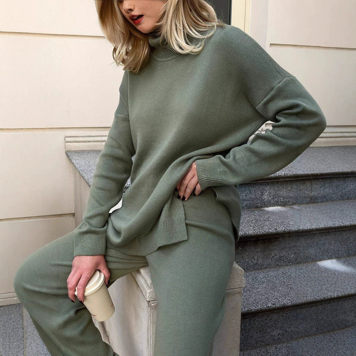 Women's knit sweater with a high collar and loose fit - J&B; - 3 - Elvaroza.com